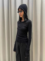 High Street Hooed T-shirt Women's Dark RO Spring New Item Micro Transparent Ribbed Knitted Base Hooded Long Sleeved Tshrts