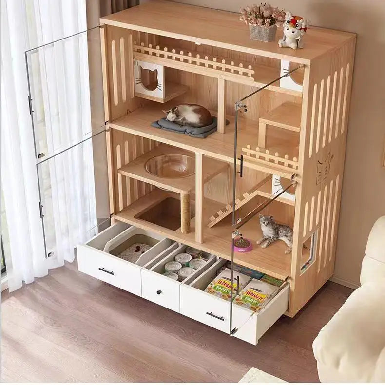 Cat Villa Solid Wood Panoramic Cat Cage Large Free Space  House Home Indoor Luxury