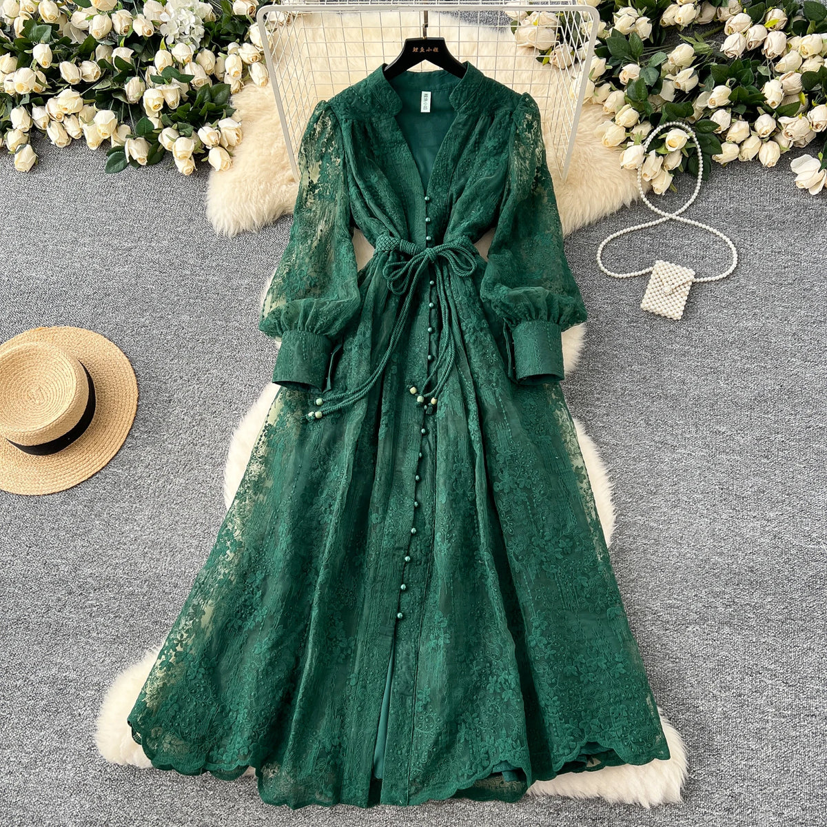 High-End Women's Dress Heavy Embroidery A-Line Long Skirt V-Neck Lantern Sleeve Single Button High Waist Korean Style Commute