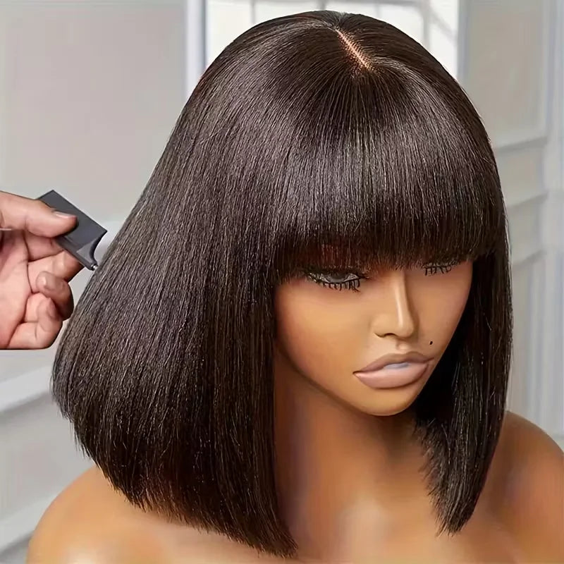 Straight Human Hair Bob Wigs With Bang Full Machine Made Wigs 3x1 Middle