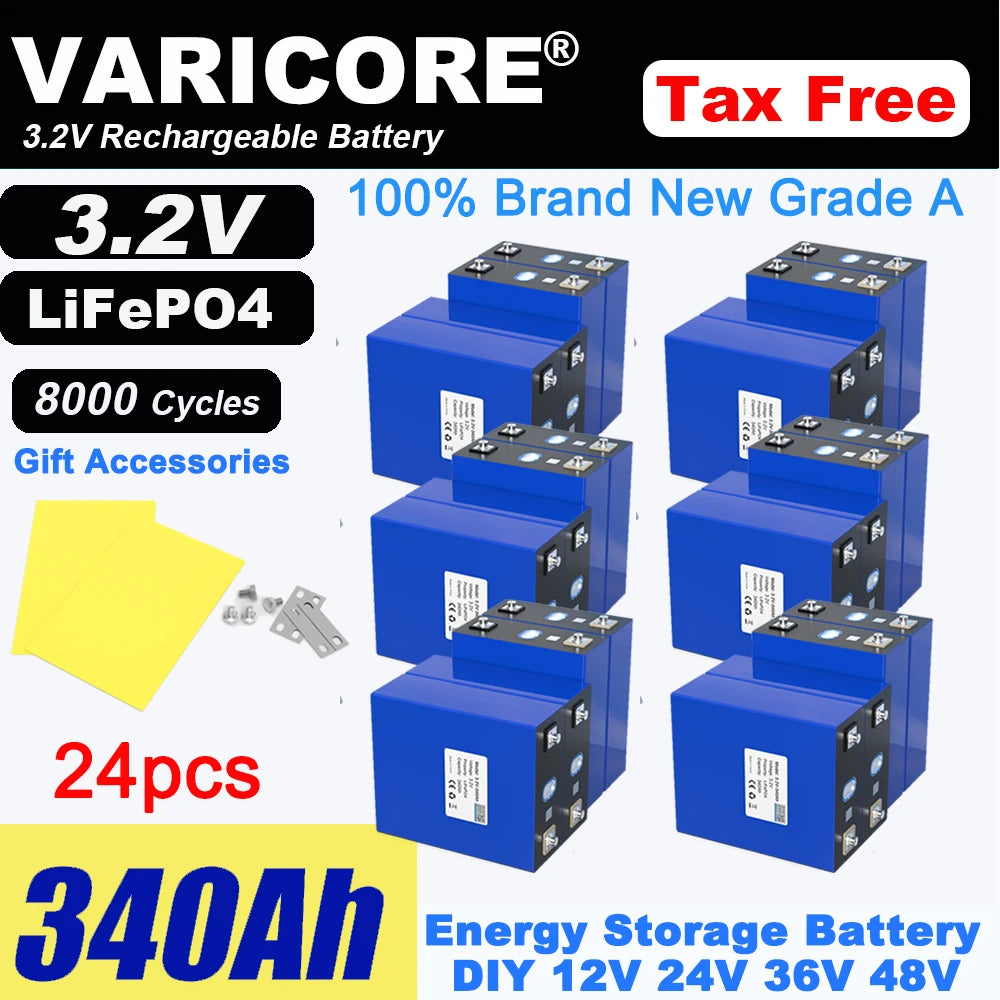 Grade A 3.2V 360AH 340Ah Battery LiFePO4 Lithium Iron Phospha for 12V 24V 4S E-scooter RV Solar Energy Storage System Duty-free