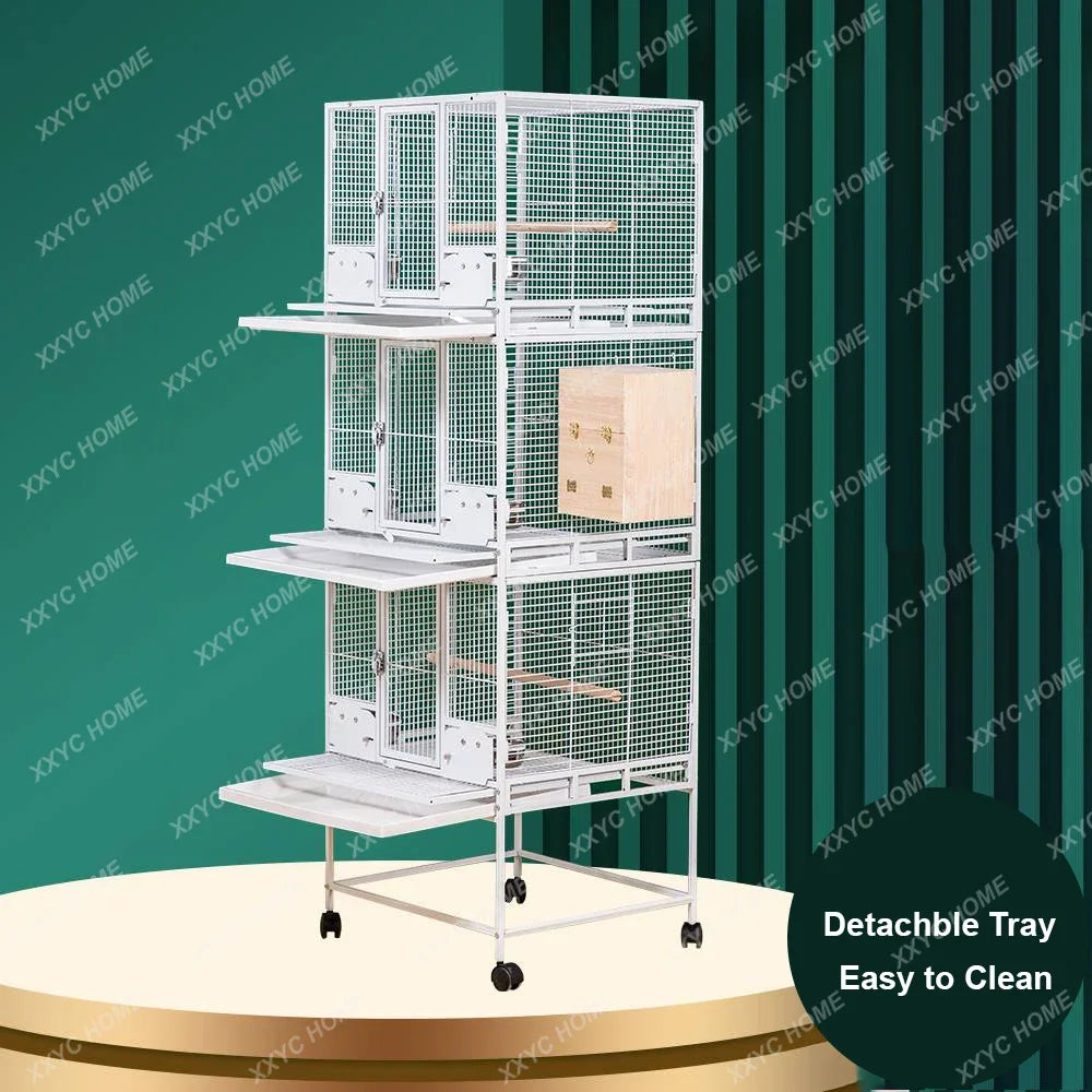 TTLarge Outdoor Bird Aviary Flight Metal Triple Parrot Breeding Stackable Bird Cage For Finches With Wheel