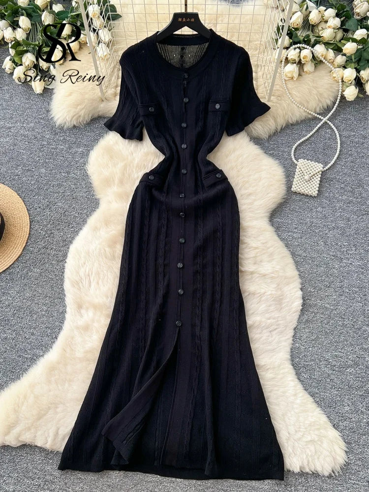 SINGREINY Summer Striped Knitted Long Dress Fashion Office Lady Split Beach Sundress High Quality Luxury Wedding Guest Dress