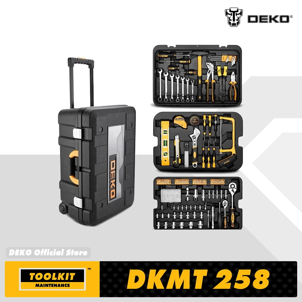 DEKO 258pcs Home DIY Hand Tool Set Professional Hand Tool Luggage Three-layer Rolling Portable Storage Box