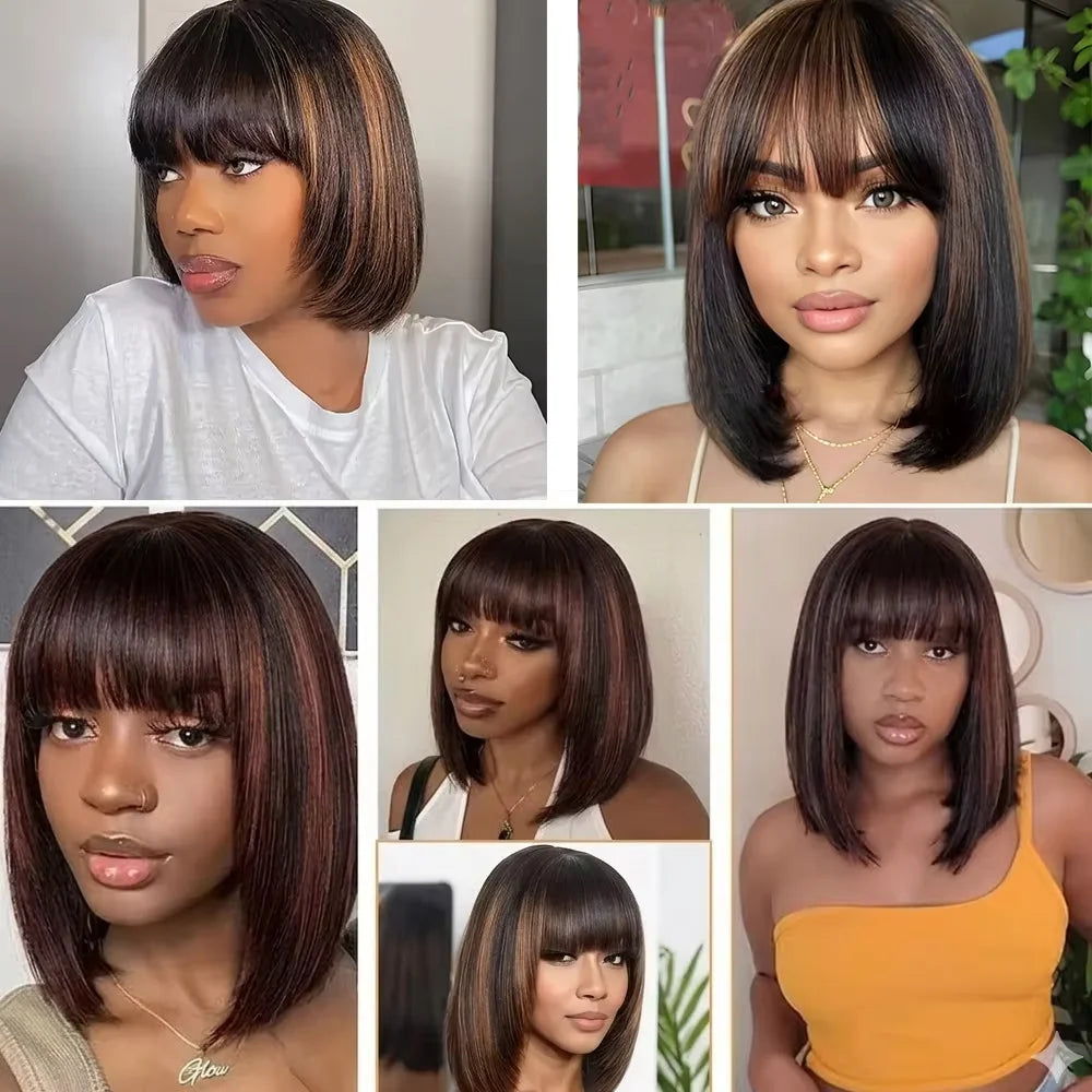 220% Density Ready To Go Glueless Human Hair Wigs 10 Inch 1B/30 Highlight Ombre Straight Wear And Go Glueless Bob Wig 2x1 Lace Closure Wig Human Hair For Women