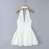 Sexy White Black Pleated Ruched Halter Dress Women Deep V Neck Slim Low Waist Swing Ball Gown Short Dresses Robe Femme Vestidos