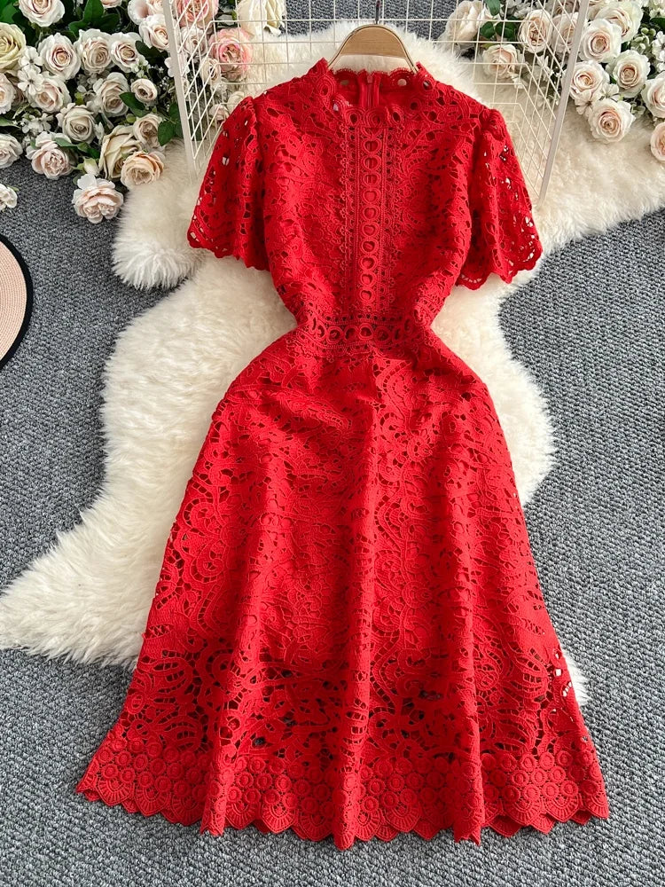 Slimming ort Sve Hollow out Waist-Cinched Hook-Design Dres Women's Faionable New Arrival Spring Summer Korean Sle
