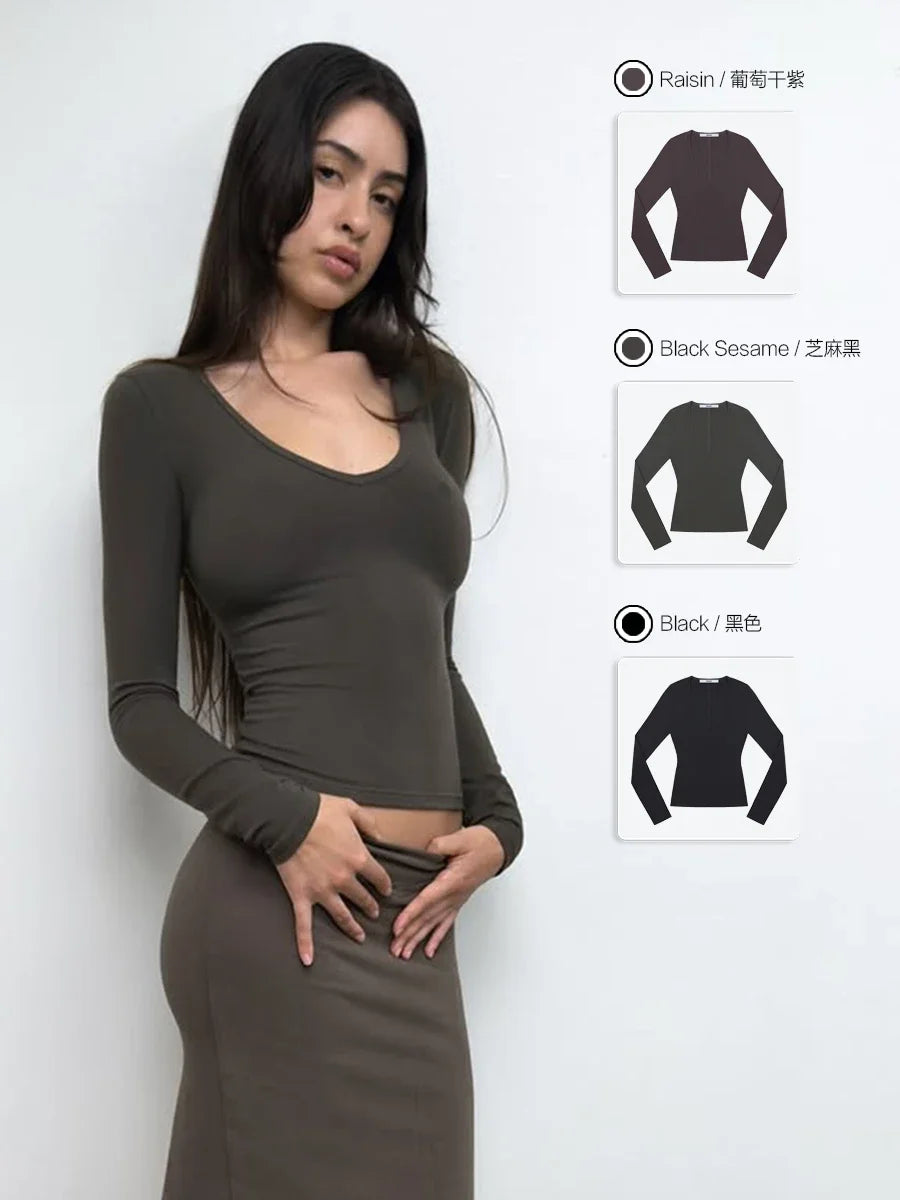 Tank Grape Purple New V-Neck Slim Long-Sleeved Cotton Elastic Series Solid Color Waist Cut Undershirt