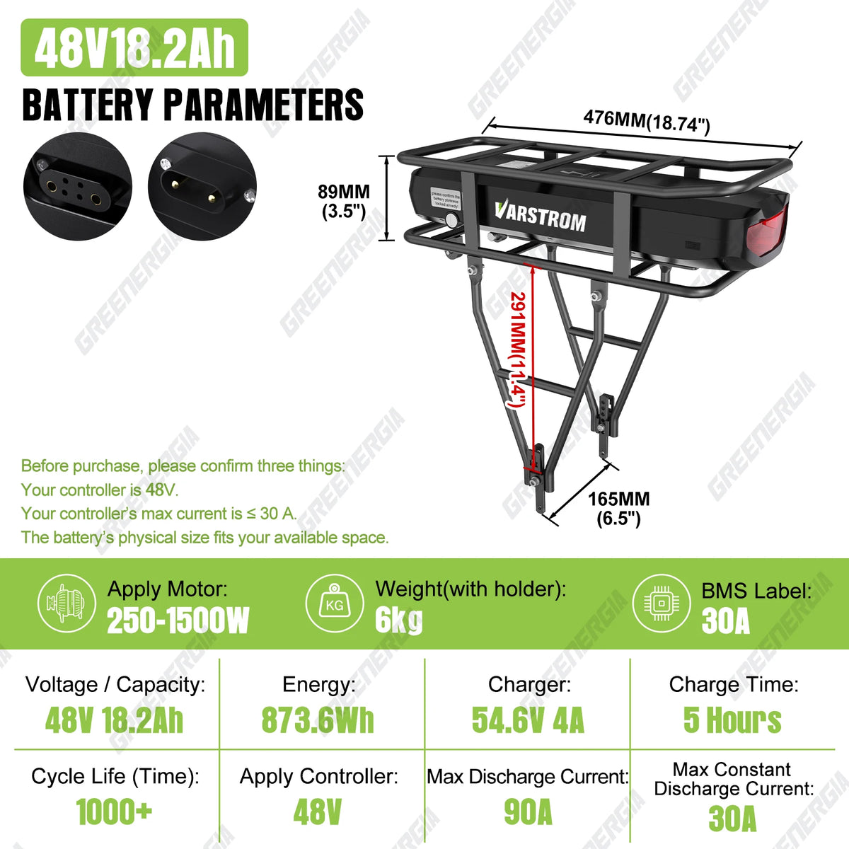 Varstrom Ebike Rear Rack Battery 48V 36V 17.5AH 20.8AH 18650 Cell Lithium Battery Pack For BAFANG Tongsheng Motor Ebike Kit
