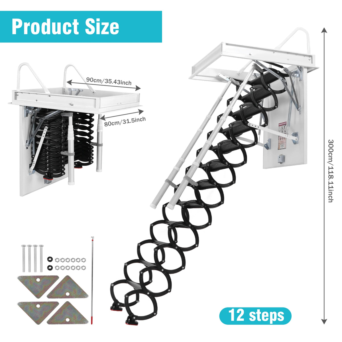 12 Steps Ceiling Mounted Attic Ladder Height Adjustable with Handrails 660LBS Steel Lift Staircase for Garages Roofs Basements ﻿