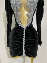 Sparkly Crystals Sexy Mesh Black Velvet Short Dress 2025 Women Elegant Evening Prom Luxury Birthday Party Dresses Stage Costume