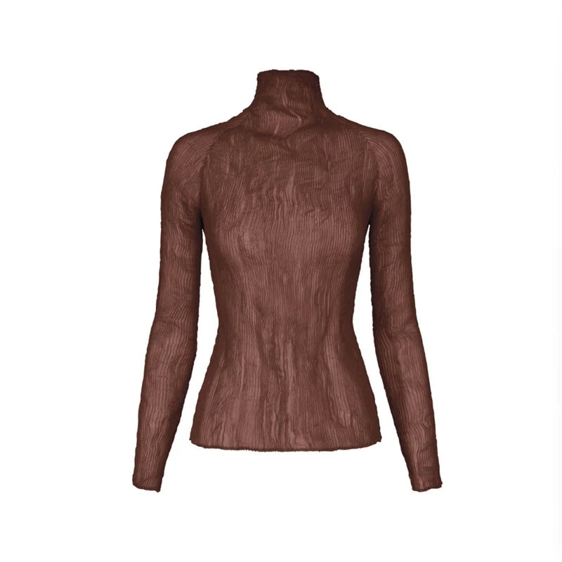 LANMREM Turtleneck Long Sleeve Pleated Women's T-shirt High Elastic Slimming Fashion Semitransparent Pullover Tops 2DB6192