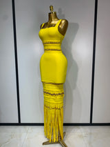 Women Sleeveless Sexy Square Collar Tassel Bodycon Bandage Dress Celebrity Elegant Evening Party High Quality Birthday Dress