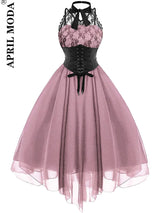 Irregular Hem Black High Waist Gothic Dresses Sleevesless Lace Chiffon Patchwork Aesthetic Goth Harajuku A-Line Dress for Women