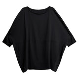 [EAM] Women Black Plain Color Big Size T-shirt New Round Neck Long Batwing Sleeve Fashion Tide Spring Autumn 2026 1DJ7248