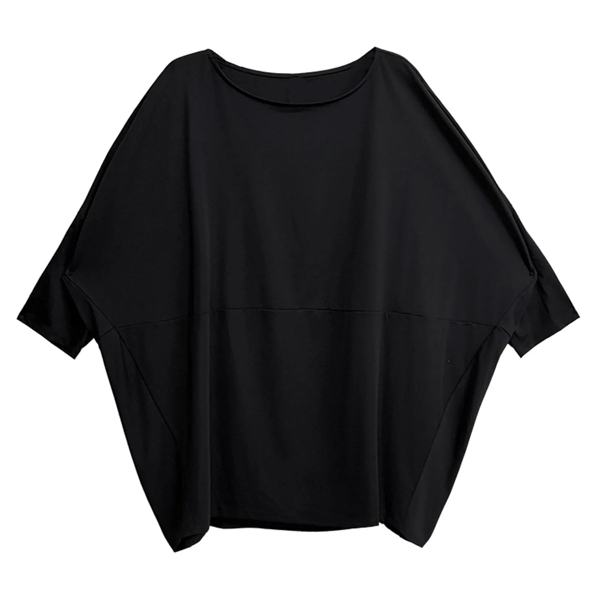 [EAM] Women Black Plain Color Big Size T-shirt New Round Neck Long Batwing Sleeve Fashion Tide Spring Autumn 2026 1DJ7248