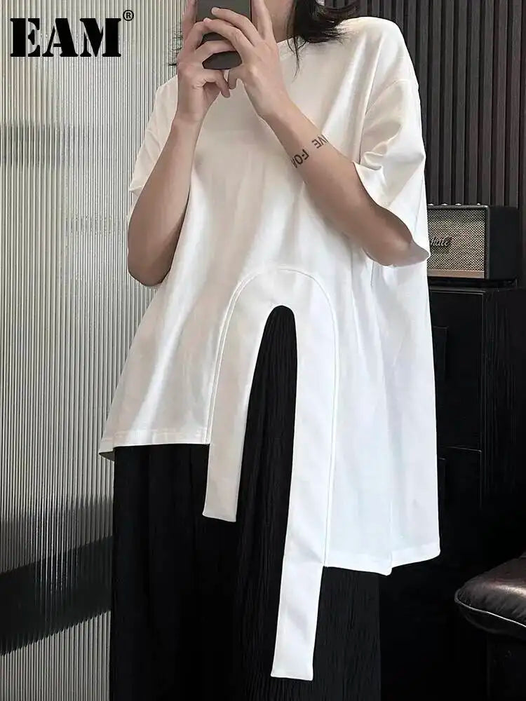 EAM Women White Hem Irregular Spliced Big Size Casual T-shirt New Round Neck Short Sleeve Fashion Autumn 2026 1DH5508