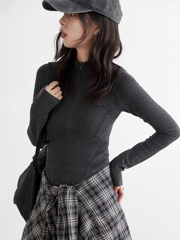 CHIC VEN New Women T-Shirts Solid Slim Half High Neck Pullover Basic Long Sleeved Tees Female Top Sports Spring Autumn 2025