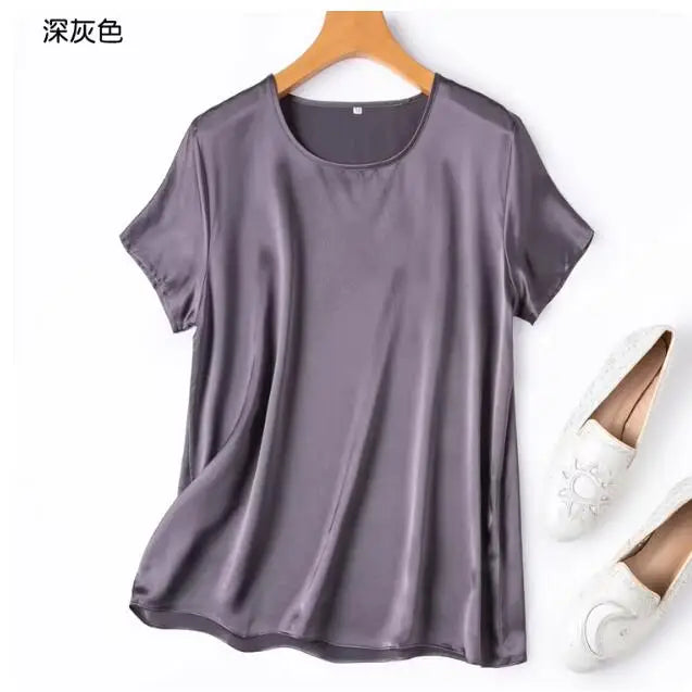 Benefits! Flowing Gem Series Basic Style Versatile Round Neck 100% Mulberry Silk Short Sleeve Silk Satin T-Shirt Top