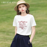 I BELIEVE YOU Round Neck Short Sleeve Women's T-Shirt 2026 New Tulip Letter Embroidery Tops Retro Artistic Tees 2261016223