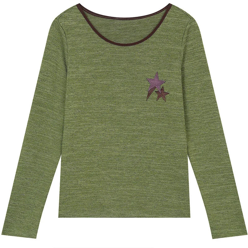 ELFSACK Women's Striped Ringer T-Shirt with Star Print, Casual Long Sleeve Graphic Top for Everyday Wear