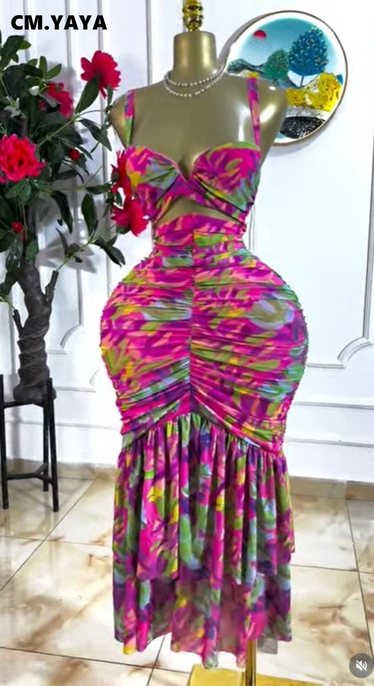 CM.YAYA 2026 Women's Tropical Floral Print Cutout Ruched Ruffle Midi Dress Summer Elegant Birthday Party Club Cocktail Dresses
