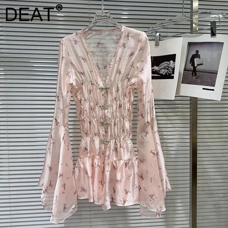 DEAT Fashion Women's Rhinestone Button Floral Pattern Flared Sleeve Chiffon Dress Elegant Holiday Dresses Female 11A04065