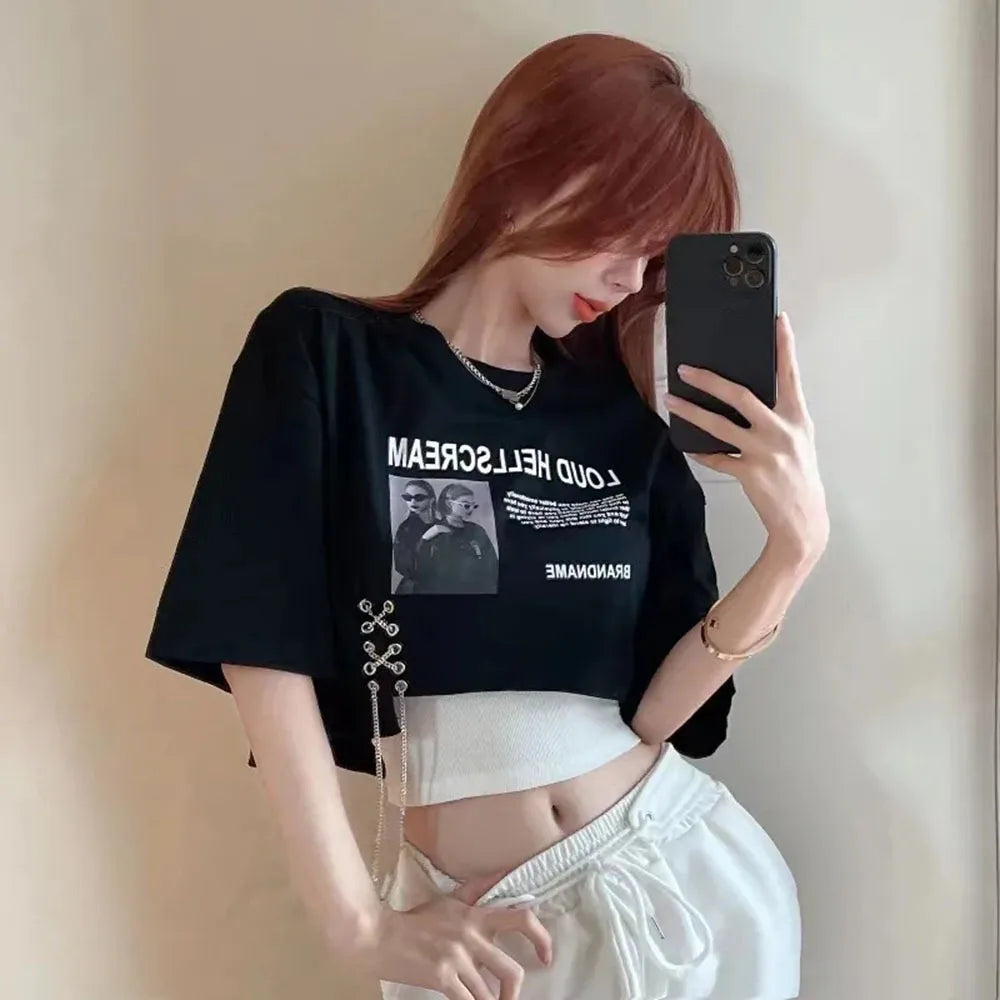 Summer New Letter Print T-shirt Women's Loose Open Navel Short Sleeve Hot Girls Crop Top Street Chic Female Chain Retro Tees Y2k