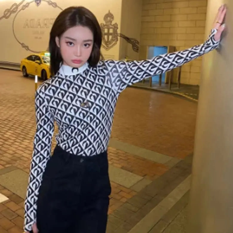 Moon Print Slim Fit Long Sleeve T-Shirt High Collar Embroidery Base Shirt Commute Style Spring Season Ladies Fashion
