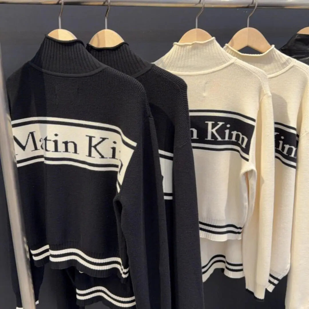 Matin Kim Logo Knit Zip Up Vest Stripe Jacquard Stand Collar Couple Unisex Top