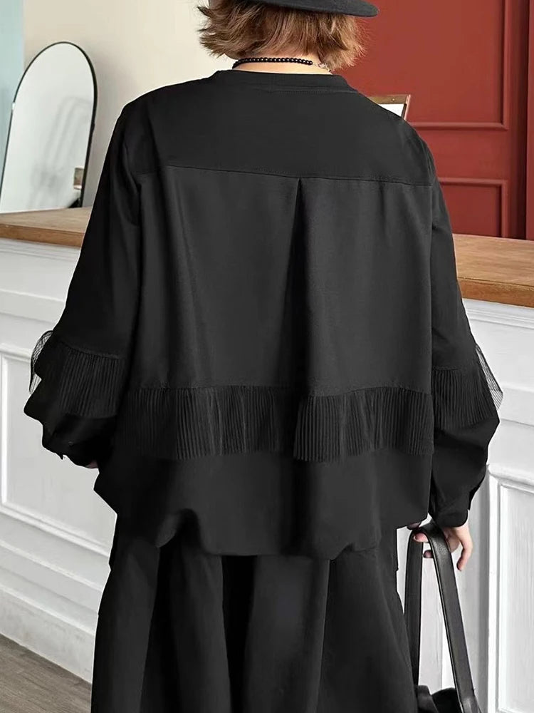 [EAM] Women Balck Mesh Ruffles Spliced Big Size T-shirt New Round Neck Long Sleeve Fashion Tide Spring Autumn 2026 1DJ9332