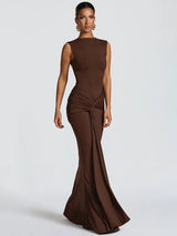 Mozision Backless Draped Ruched Sexy Maxi Dress Women Gown Elegant O Neck Sleeveless High Waist Skinny Club Party Long Dresses