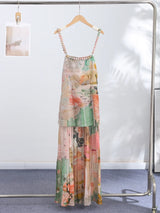 Art Print Beaded Strap Cami & Wide Leg Pants Set Bohemian Drawstring Waist 2026 Summer Fashion Elegant Women Vacation Outfit