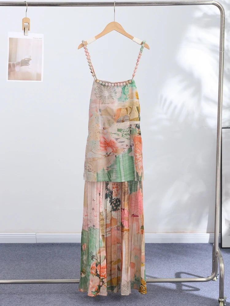 Art Print Beaded Strap Cami & Wide Leg Pants Set Bohemian Drawstring Waist 2026 Summer Fashion Elegant Women Vacation Outfit