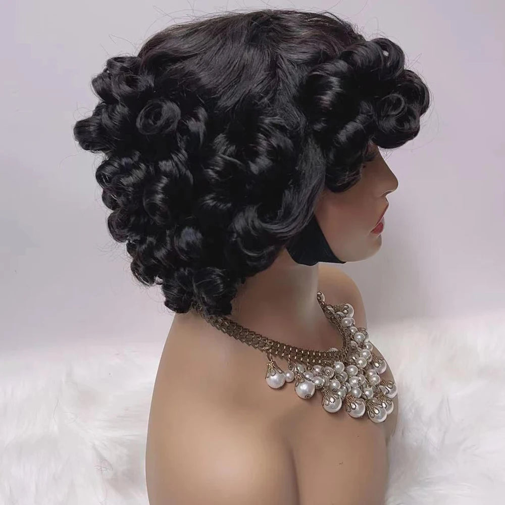 300% Pixie Cut Human Hair Wigs For Women Afro Rose Curly Funmi Glueless Wigs Human Hair Short Bouncy Curly Bob Wig With Bangs