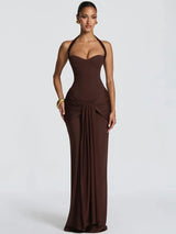 Sexy Back Lace Up Halter Neck Long Dress Women Backless Ruched Waist Draped Bodycon Dresses Party Evening Cocktail Vestidos