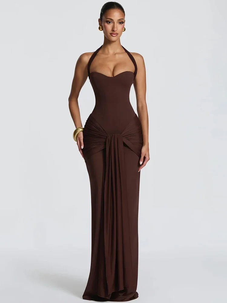 Sexy Back Lace Up Halter Neck Long Dress Women Backless Ruched Waist Draped Bodycon Dresses Party Evening Cocktail Vestidos