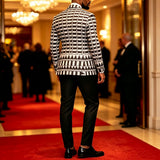 Men Black White Geometric Print Blazer Shawl Lapel Slim Fit Jacket Formal Wedding Groom Tuxedo For Party Prom