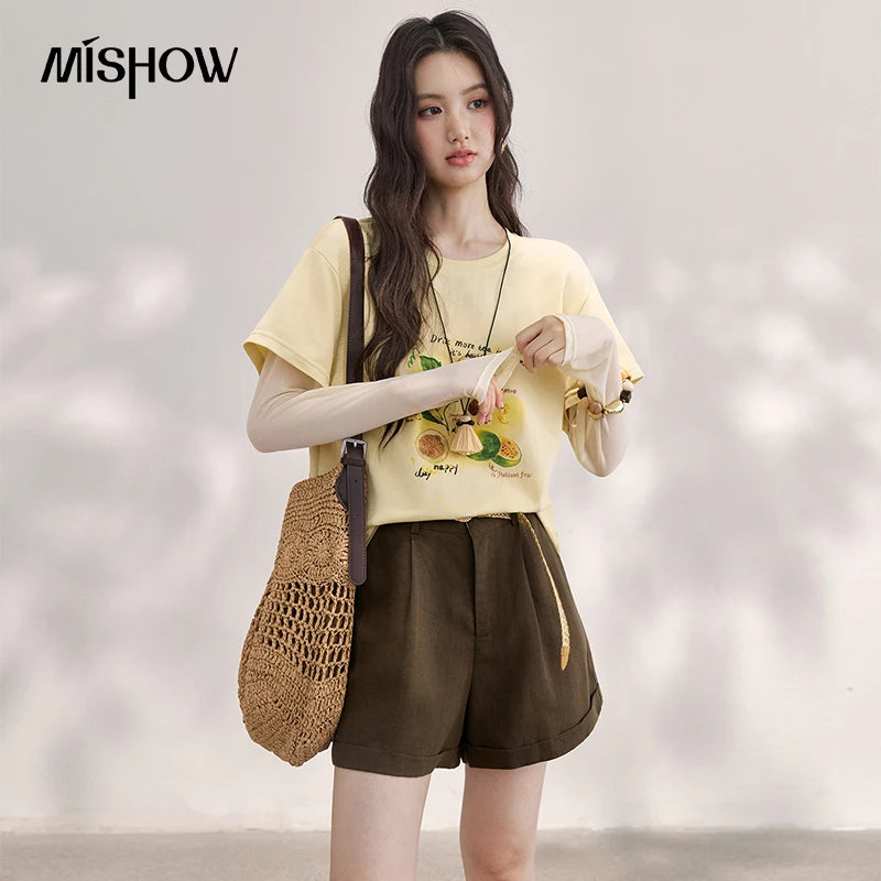 MISHOW Women's Mesh Splice Fake Two Piece Long Sleeve T-Shirt 2026 Summer Lemon Fruit Print Tee Loose Slim Casual Top MXF28T1696