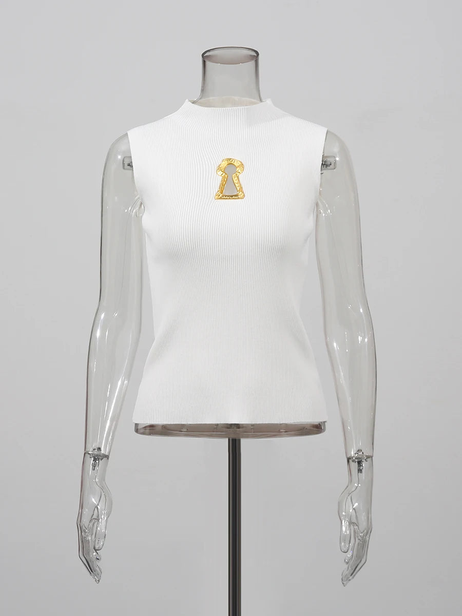 TWOTWINSTYLE Solid Spliced Metal Buckle Slimming T Shirts For Women Turtleneck Sleeveless Minimalist T Shirt Female Fashion New