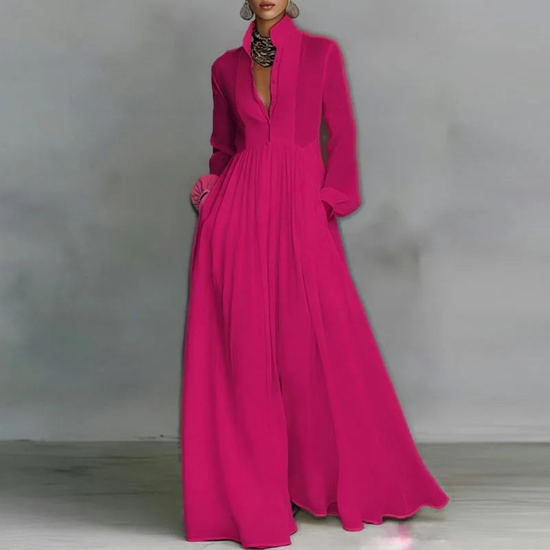 Spring Elegant Pocket Maxi Shirt Dress Women Long Sleeve Button-Down Flowy A-Line Dress Summer Beach Vacation Boho Party Dresses