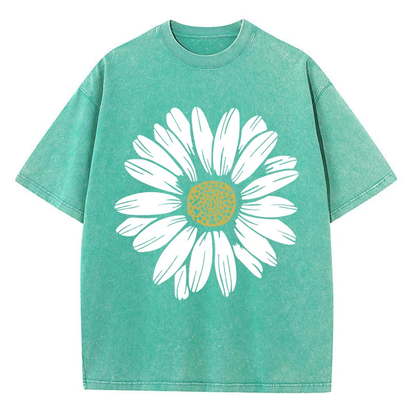 Simple Beautiful Sunflower Prints Washed T-Shirts Women Cottont Shirts O-Neck Oversized Acid Wash Tops Vintage Woman Streetwear