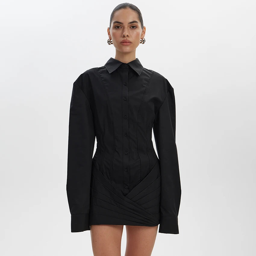 Linad Office Lapel Across White Mini Shirt Dress Elegant High Waist Pleated Short Dresses Black Casual Long Sleeve Dress 2025