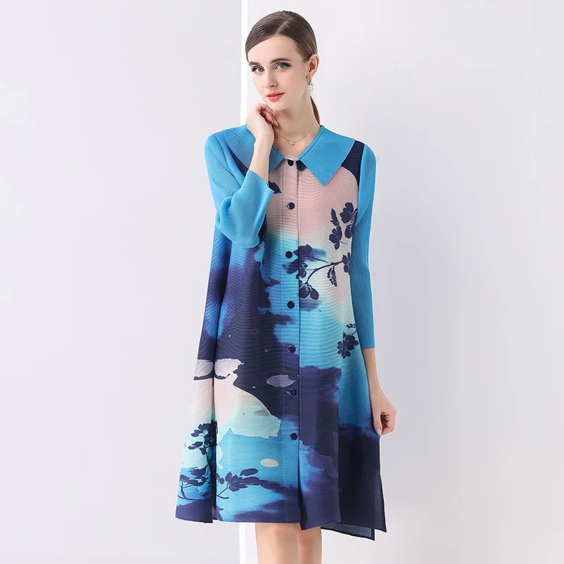 Miyake Pleated Drape Dress Women 2024 Spring Summer Colorblock Printing Lapel 3/4 Sleeve Single-breasted Fashion Shirt Dresses