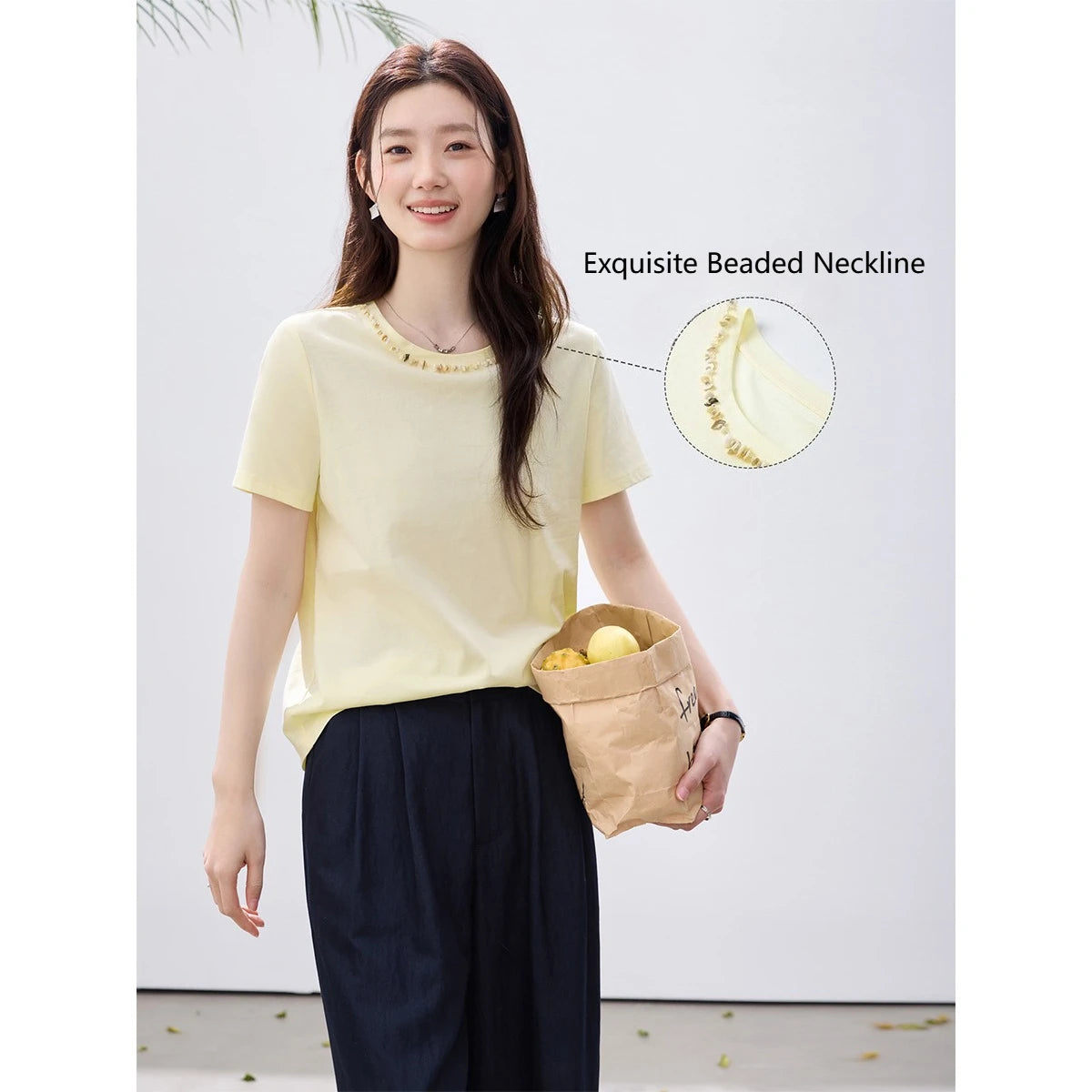 VIMLY Minimalist Office T-Shirt Women 2026 Summer New Fashion Round Neck Shell Beaded 100% Cotton Casual Short Sleeve Top A6050