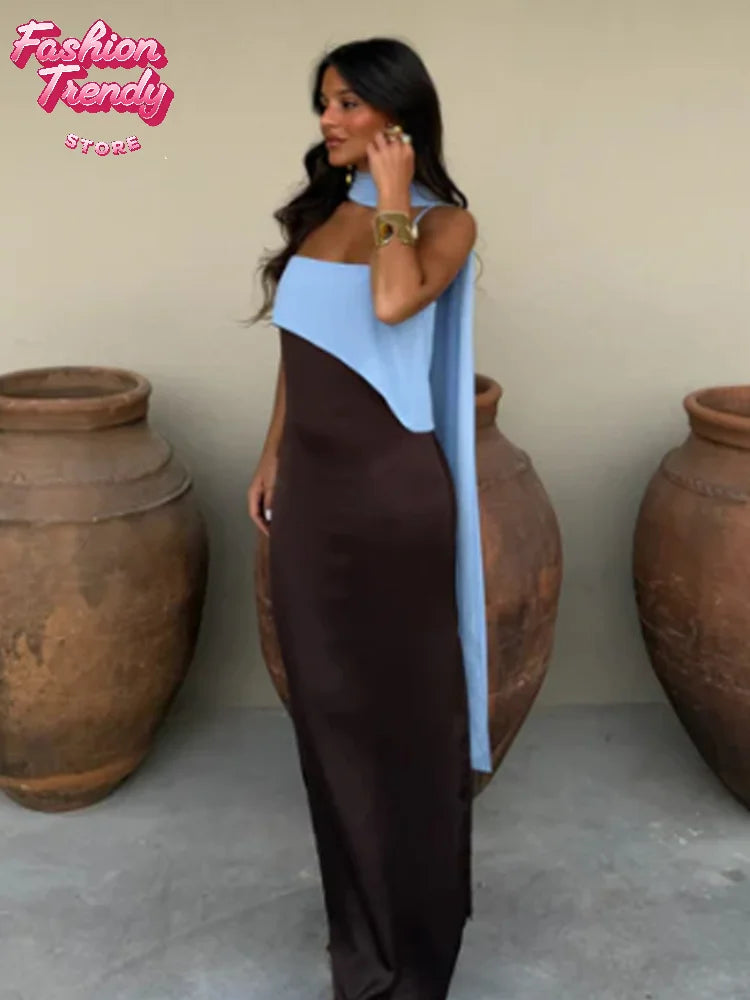 Spaghetti Strap Cape Neck Two Tone Maxi Dress Spaghetti Strap Slimming Sundress 2026 Summer Holiday Chic Ladies Party Vestidos