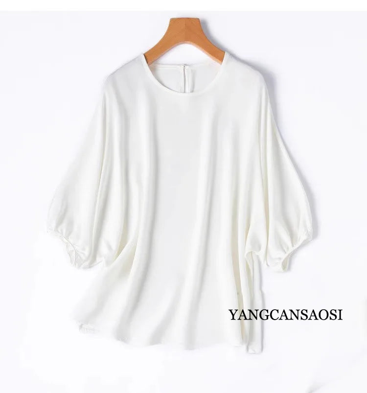 26MM Heavy Weight 93% Natural Mulberry Silk Elastic Wrinkled Round Neck Batwing Half Sleeve Women's Casual Solid Color T-shirt