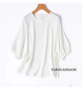 26MM Heavy Weight 93% Natural Mulberry Silk Elastic Wrinkled Round Neck Batwing Half Sleeve Women's Casual Solid Color T-shirt