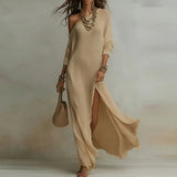 Spring One Shoulder Long Sleeve Holiday Dress Woman Sexy Skew Collar Split Bohemian Dress Elegant Solid Slim Casual Maxi Dresses
