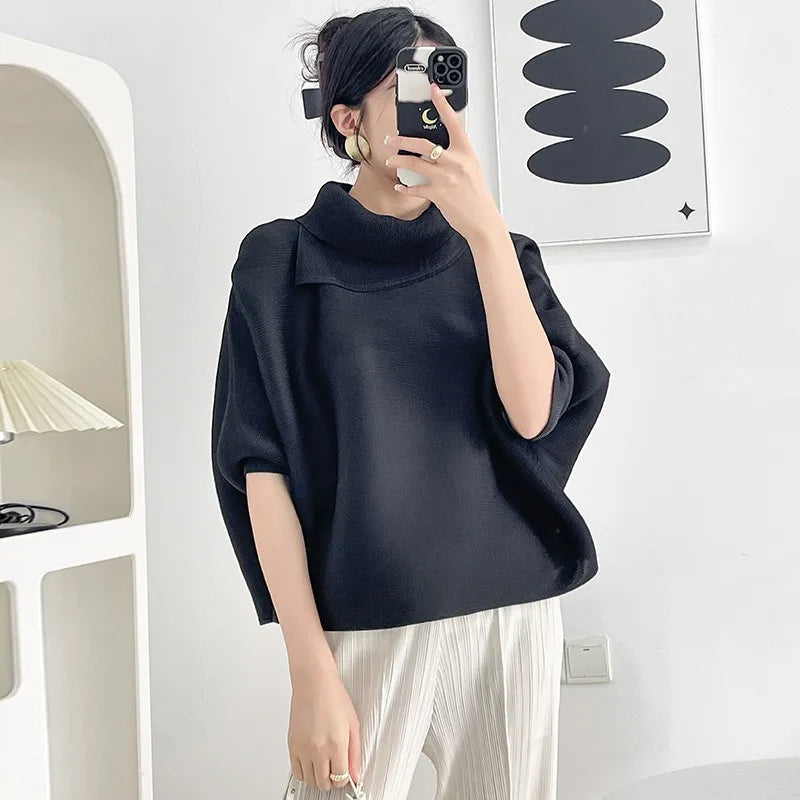 Miyake Pleated Scarf Collar Top 2026 New Simple Casual Batwing Sleeve Top T-Shirt Women's Plus Size Stretch Fashion Clothing